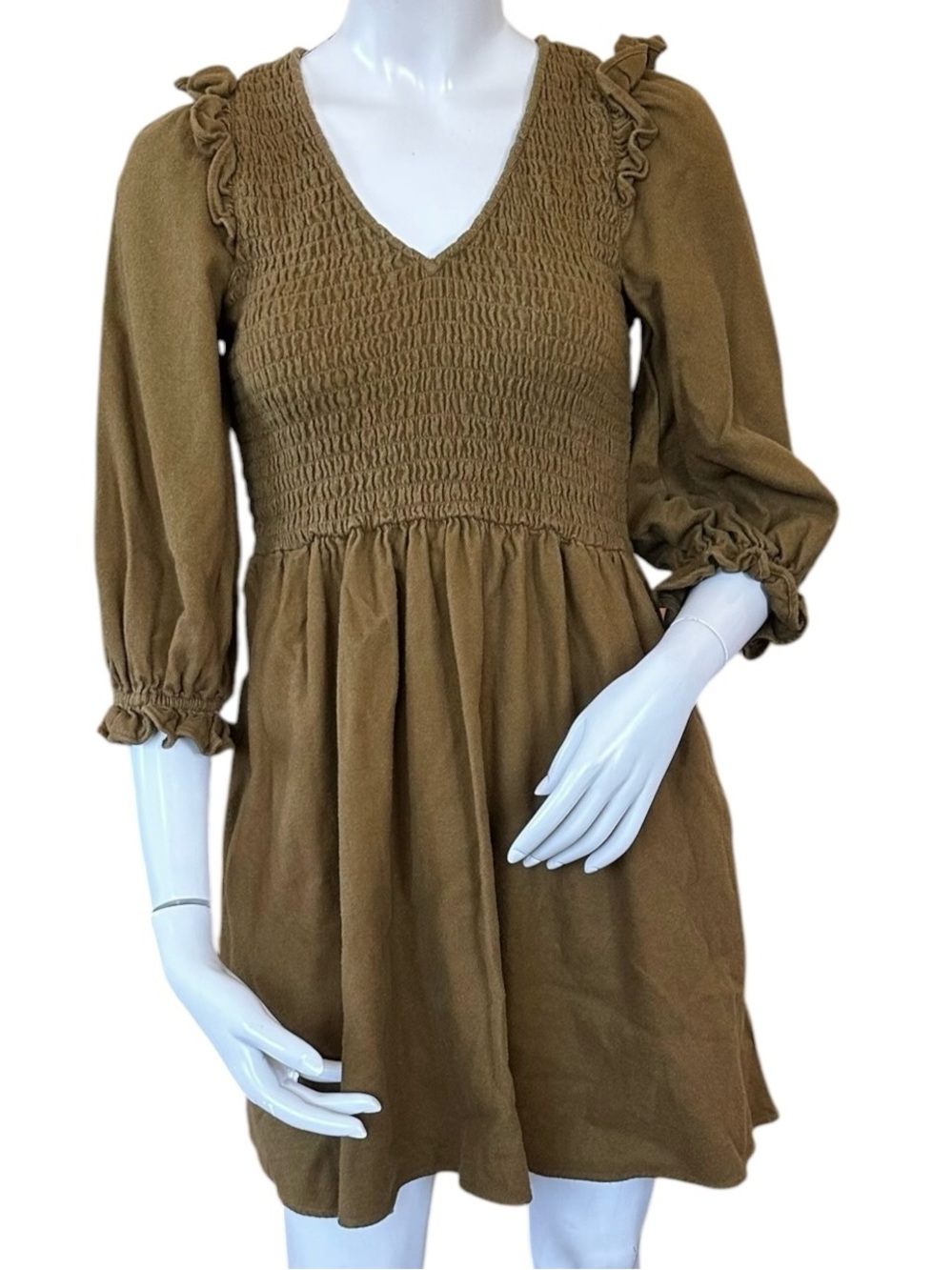 Madewell Lucie Flannel Smocked V-Neck Cottagecore Olive Mini Dress Size XXS